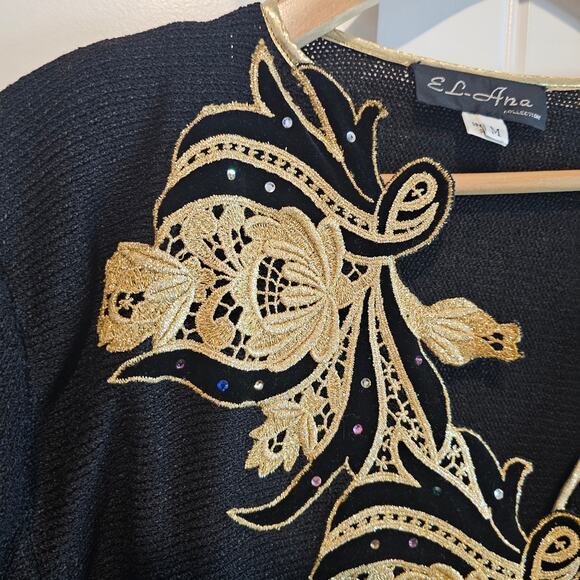Vintage Floral Sweater Womens Med Black Gold Glam Rock Knit Embellished Evening - Picture 3 of 10